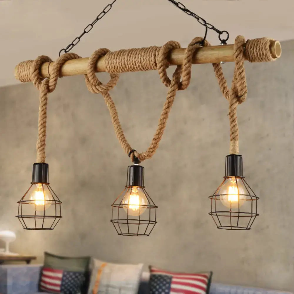 DecorBites™ vintage industrial cage island light with adjustable natural rope and black metal cage bulbs hanging fixture