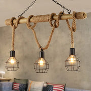 DecorBites™ vintage industrial cage island light with adjustable natural rope and black metal cage bulbs hanging fixture