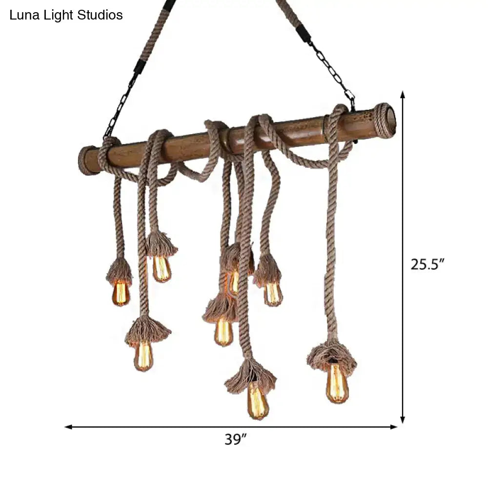 DecorBites™ industrial beige pendant light with rustic wooden frame and thick rope features exposed Edison bulbs hanging lamp