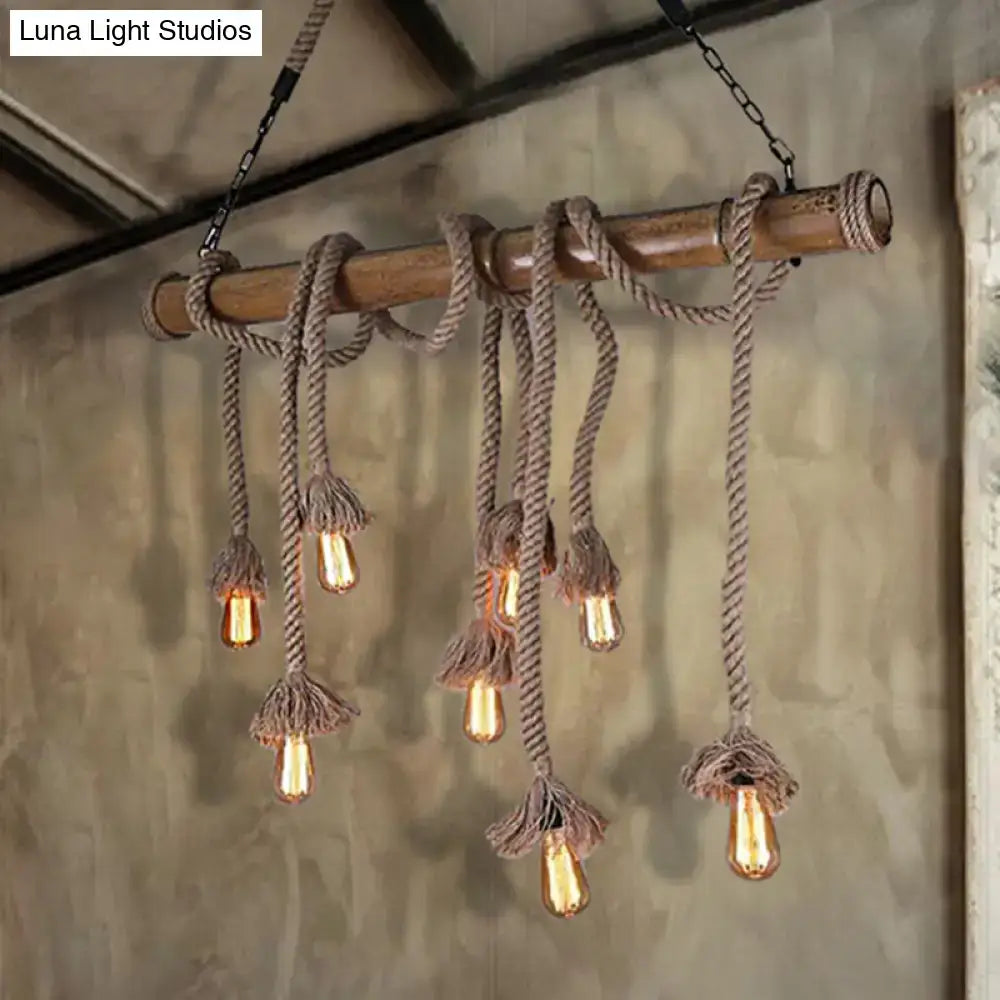 Rustic bamboo pendant light with thick beige rope and vintage edison bulbs for dining room island hanging lamp