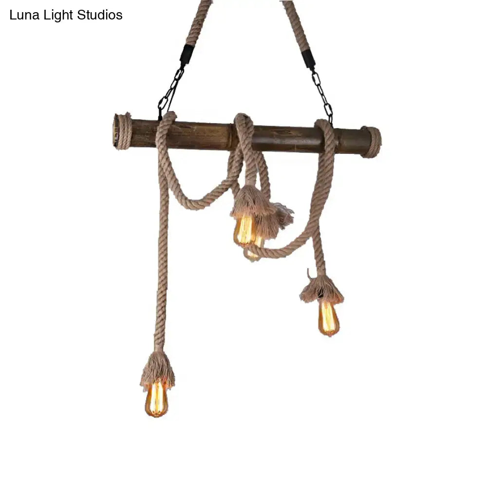 Decorbites industrial island pendant light with dark wood bamboo rod, beige rope, and exposed edison bulbs hanging lamp