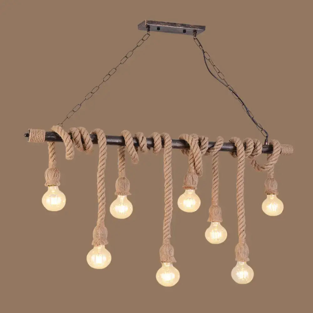Decorbites farmhouse pendant light with dark metal bar, wood hemp rope, and exposed bulbs ideal for restaurants