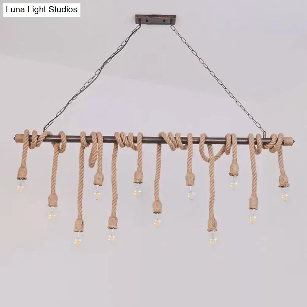 DecorBites farmhouse exposed bulb pendant light with dark metal bar and natural wood hemp rope knots for restaurants