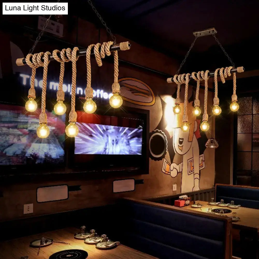 DecorBites farmhouse pendant light with wood hemp rope and multiple exposed bulbs ideal for restaurants
