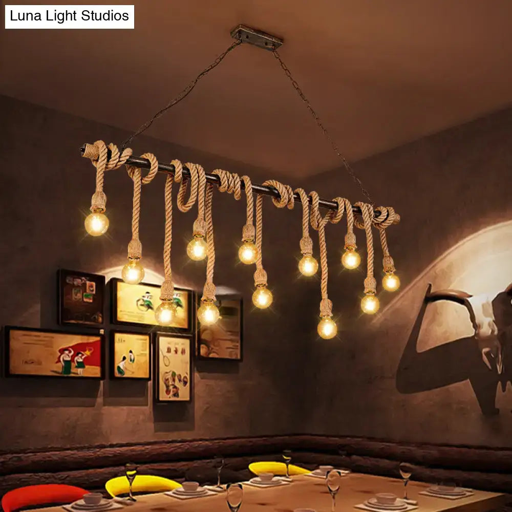 Decorbites farmhouse pendant light with black metal bar, wood hemp rope, and exposed bulb pendant ideal for restaurants