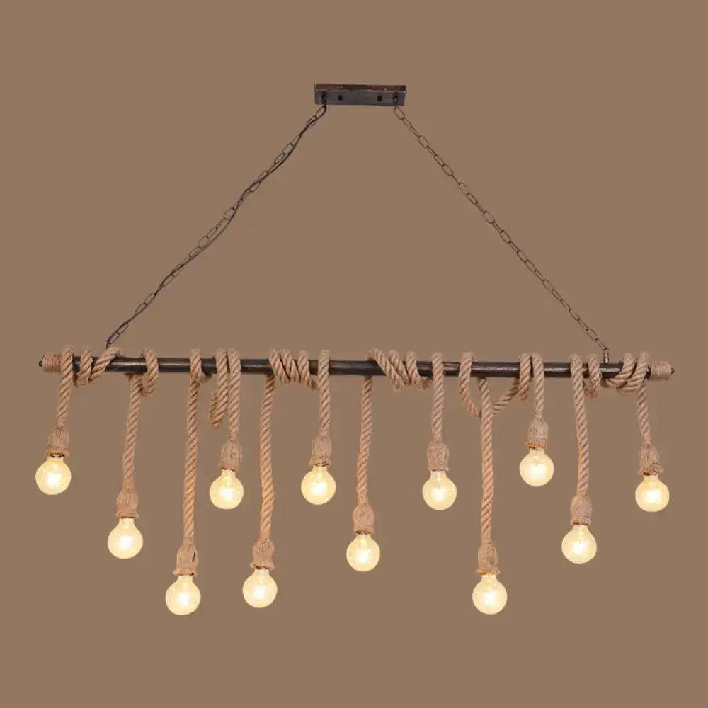 DecorBites™ farmhouse exposed bulb pendant light with dark metal frame and wood hemp rope ideal for restaurants