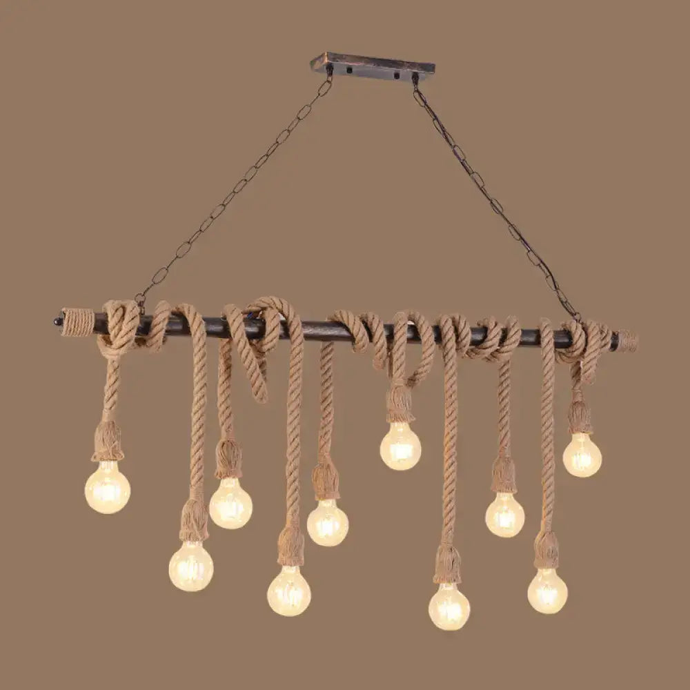 Decorbites rustic industrial pendant light with dark metal bar, wood hemp rope knots, and exposed bulb pendant ideal for restaurants