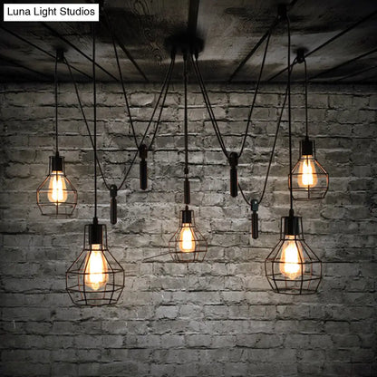 Rustic Iron 5-Light Black Pulley Swag Pendant - Ball-Shape Multi Ceiling Light for Restaurants