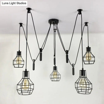 Rustic Iron 5-Light Black Pulley Swag Pendant - Ball-Shape Multi Ceiling Light for Restaurants