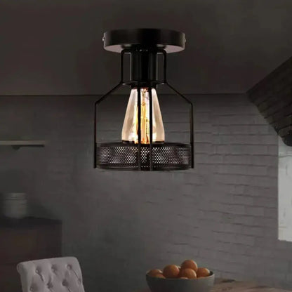 DecorBites™ DecorBites™ Rustic Iron Bistro Semi Flush Mount Lamp - Black Ceiling Light with Mesh Detail