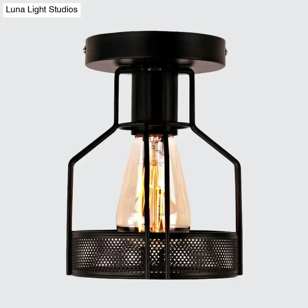 DecorBites™ DecorBites™ Rustic Iron Bistro Semi Flush Mount Lamp - Black Ceiling Light with Mesh Detail