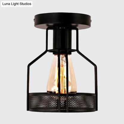 DecorBites™ DecorBites™ Rustic Iron Bistro Semi Flush Mount Lamp - Black Ceiling Light with Mesh Detail