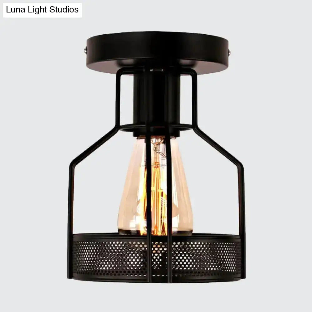 DecorBites™ DecorBites™ Rustic Iron Bistro Semi Flush Mount Lamp - Black Ceiling Light with Mesh Detail