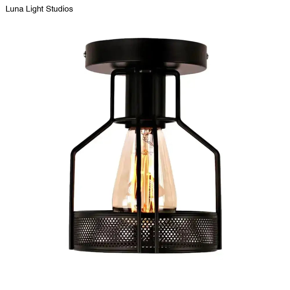 DecorBites™ DecorBites™ Rustic Iron Bistro Semi Flush Mount Lamp - Black Ceiling Light with Mesh Detail