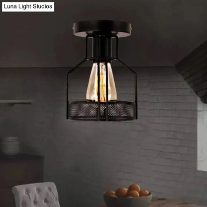 DecorBites™ DecorBites™ Rustic Iron Bistro Semi Flush Mount Lamp - Black Ceiling Light with Mesh Detail