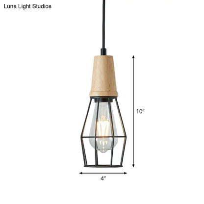 Rustic Iron Cage/Barn/Pot Shaped Pendant Light with Wood Socket - Black, 1-Bulb - Perfect for Restaurants!