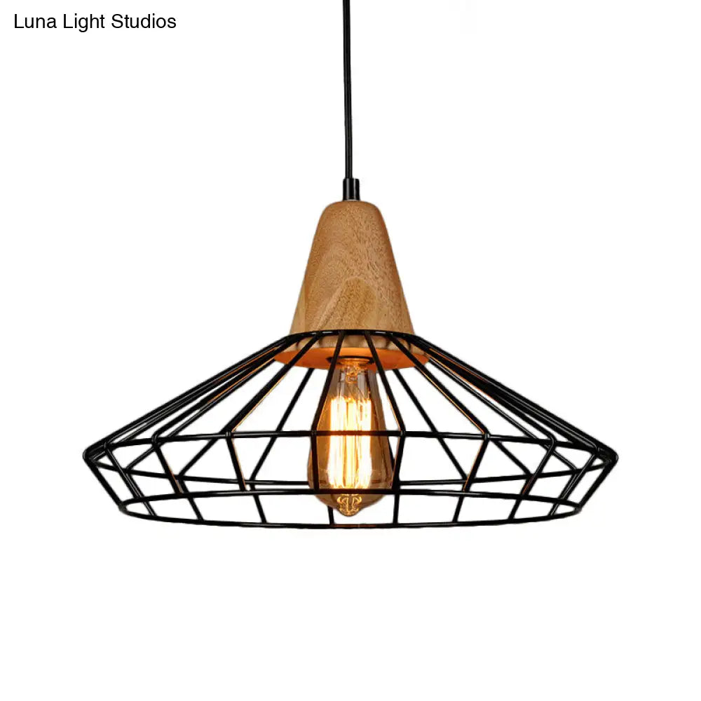 Rustic Iron Cage/Barn/Pot Shaped Pendant Light with Wood Socket - Black, 1-Bulb - Perfect for Restaurants!