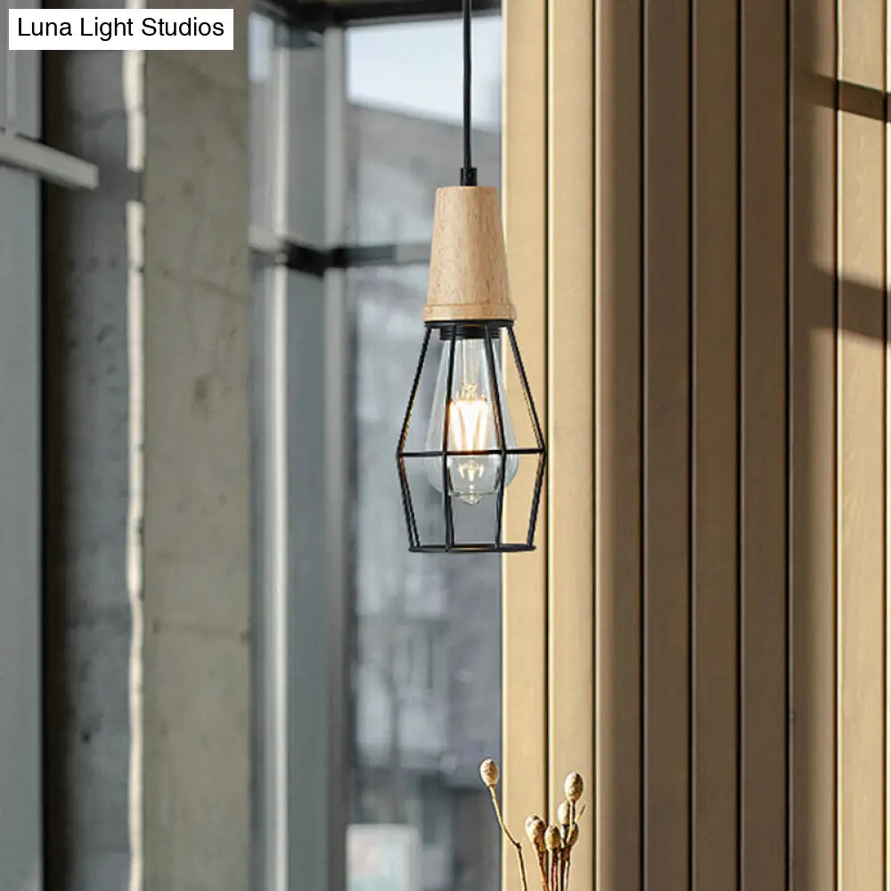 Rustic Iron Cage/Barn/Pot Shaped Pendant Light with Wood Socket - Black, 1-Bulb - Perfect for Restaurants!