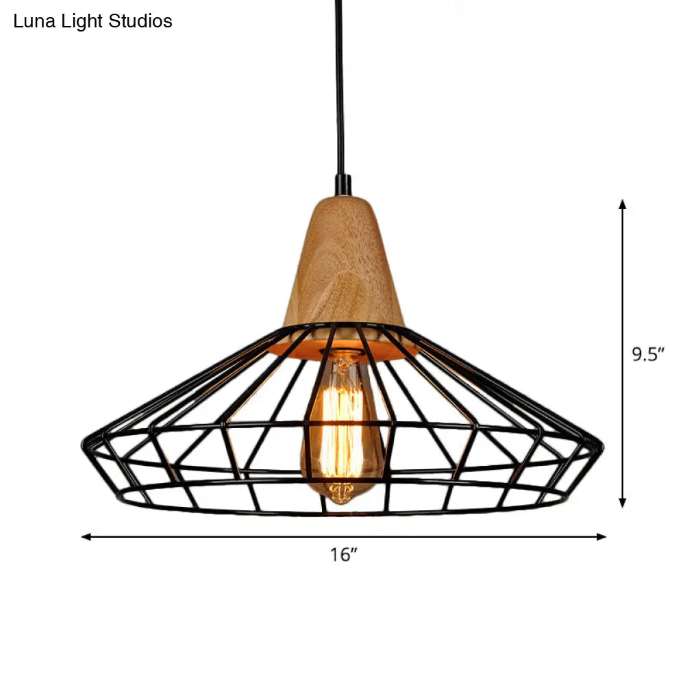 Rustic Iron Cage/Barn/Pot Shaped Pendant Light with Wood Socket - Black, 1-Bulb - Perfect for Restaurants!