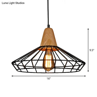 Rustic Iron Cage/Barn/Pot Shaped Pendant Light with Wood Socket - Black, 1-Bulb - Perfect for Restaurants!