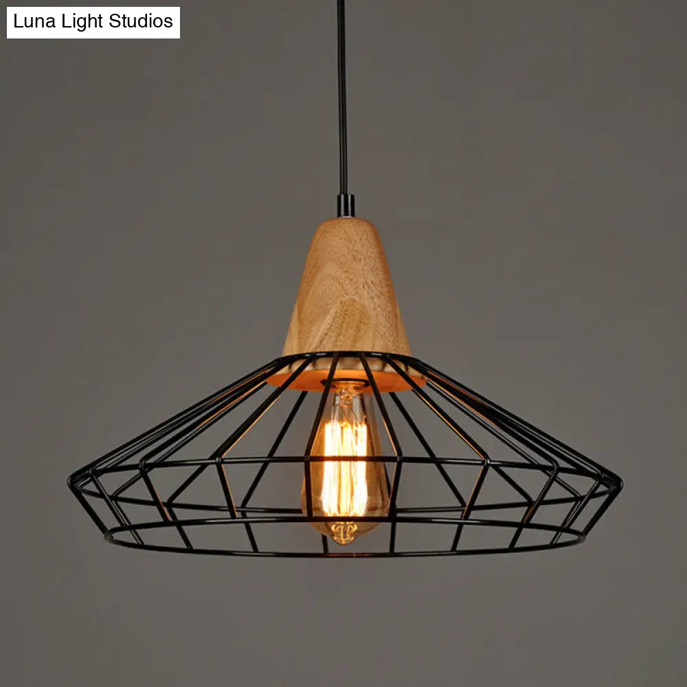 Rustic Iron Cage/Barn/Pot Shaped Pendant Light with Wood Socket - Black, 1-Bulb - Perfect for Restaurants!