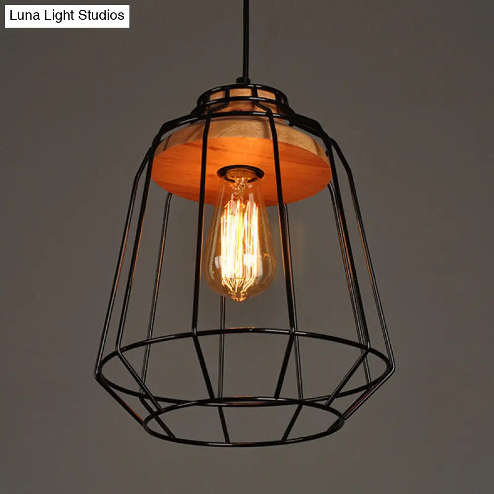 Rustic Iron Cage/Barn/Pot Shaped Pendant Light with Wood Socket - Black, 1-Bulb - Perfect for Restaurants!