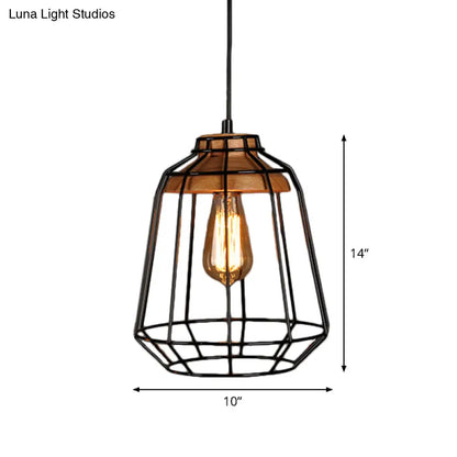 Rustic Iron Cage/Barn/Pot Shaped Pendant Light with Wood Socket - Black, 1-Bulb - Perfect for Restaurants!