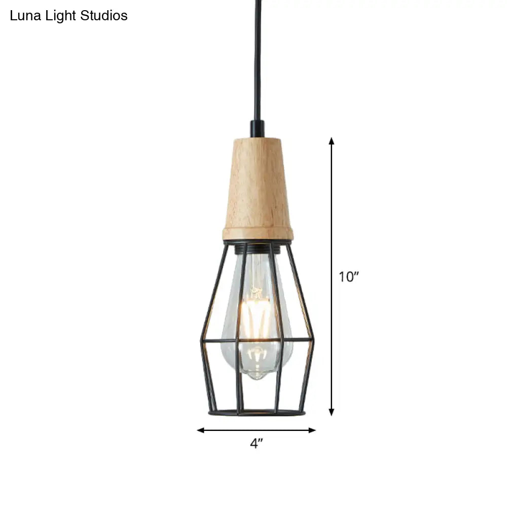 Rustic Iron Cage/Barn/Pot Shaped Pendant Light with Wood Socket - Black, 1-Bulb - Perfect for Restaurants!