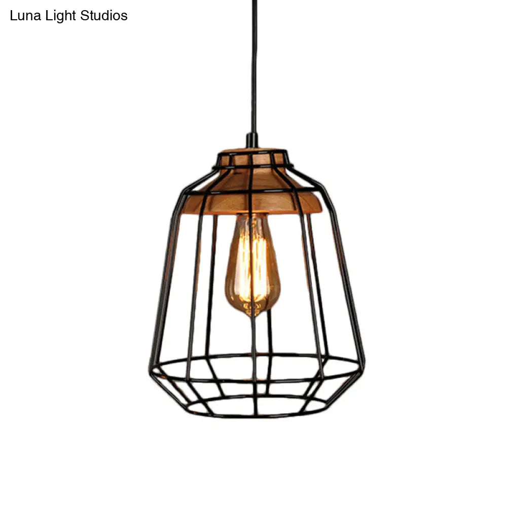 Rustic Iron Cage/Barn/Pot Shaped Pendant Light with Wood Socket - Black, 1-Bulb - Perfect for Restaurants!