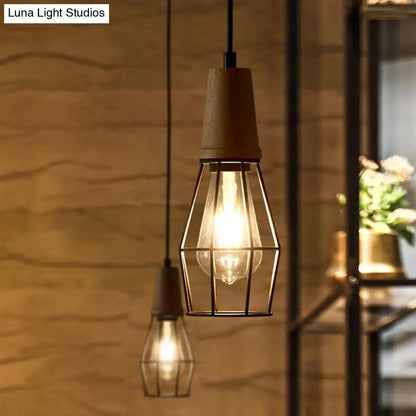 Rustic Iron Cage/Barn/Pot Shaped Pendant Light with Wood Socket - Black, 1-Bulb - Perfect for Restaurants!