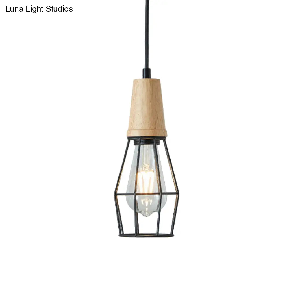 Rustic Iron Cage/Barn/Pot Shaped Pendant Light with Wood Socket - Black, 1-Bulb - Perfect for Restaurants!