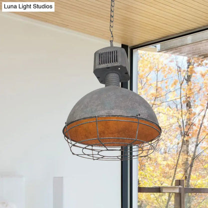 Rustic Iron Caged Restaurant Hanging Light – Grey Finish Pendant Lamp with Domed Shade