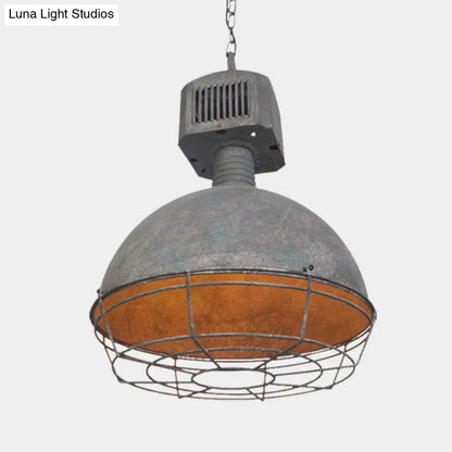 Rustic Iron Caged Restaurant Hanging Light – Grey Finish Pendant Lamp with Domed Shade