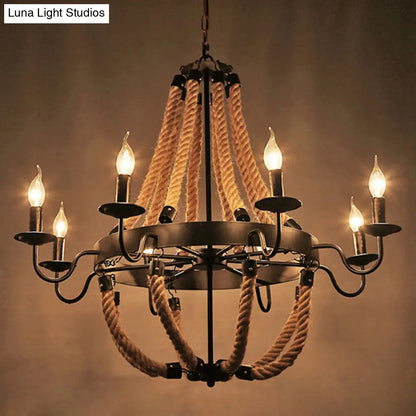 Rustic Iron Candlestick Chandelier with Hemp Rope - Flaxen Pendant Lighting for Living Room