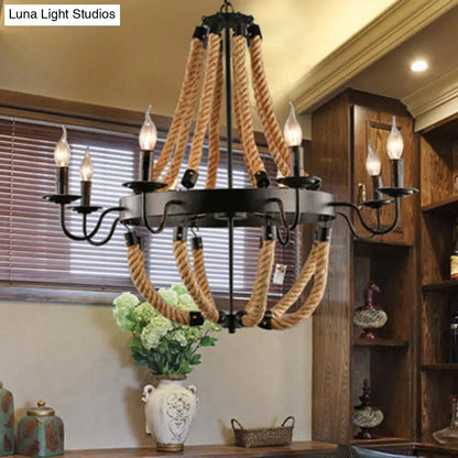 Rustic Iron Candlestick Chandelier with Hemp Rope - Flaxen Pendant Lighting for Living Room