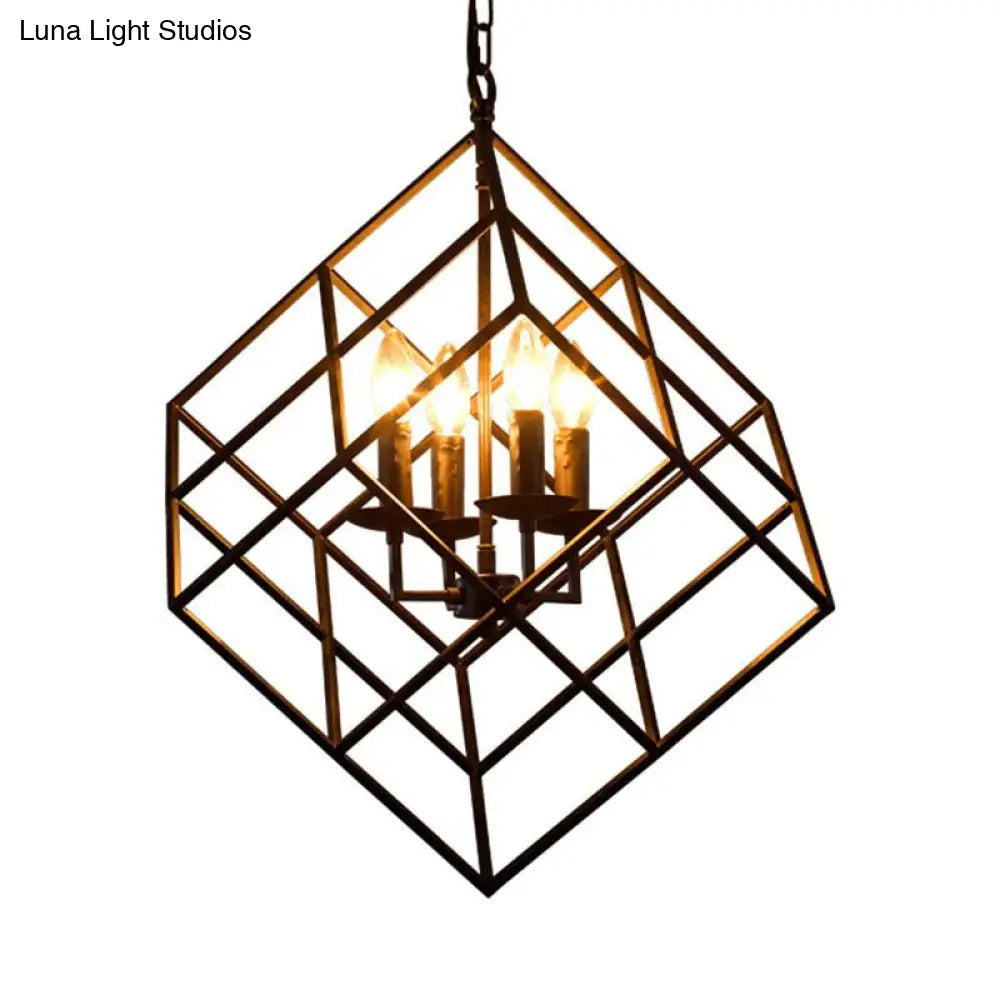 Lámpara colgante rústica de hierro con 4 luces - Lámpara colgante vintage tipo loft para restaurantes, diseño de jaula cúbica en negro
