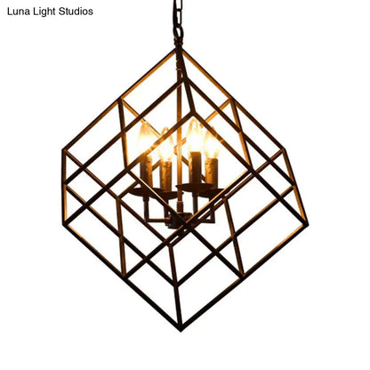 Lámpara colgante rústica de hierro con 4 luces - Lámpara colgante vintage tipo loft para restaurantes, diseño de jaula cúbica en negro