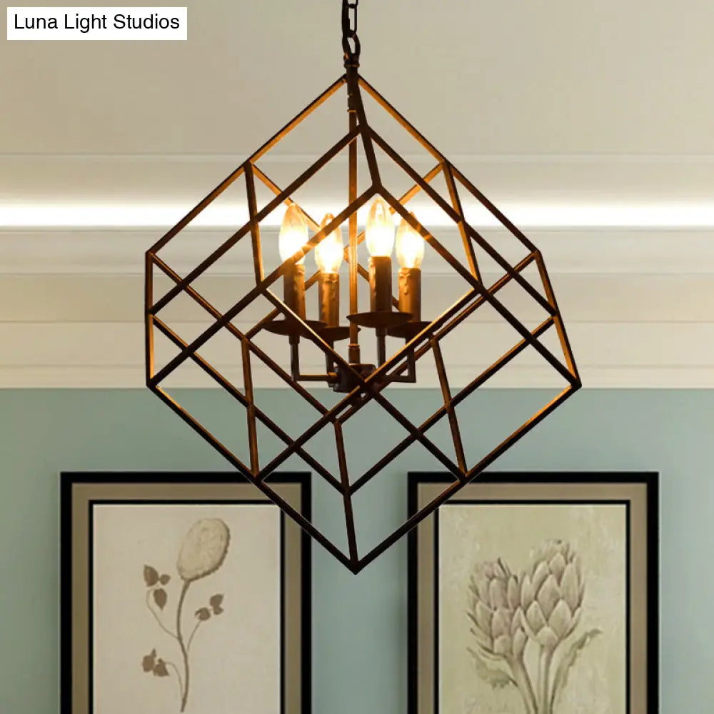 Lámpara colgante rústica de hierro con 4 luces - Lámpara colgante vintage tipo loft para restaurantes, diseño de jaula cúbica en negro