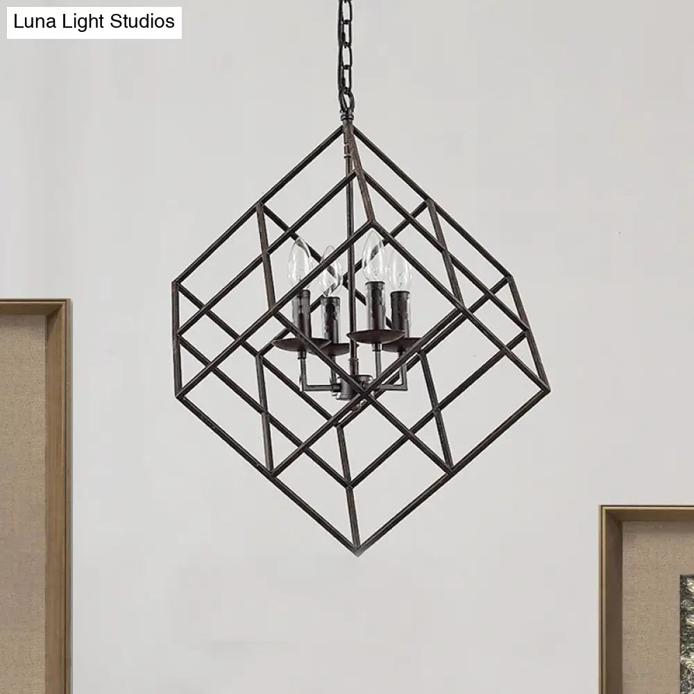 Lámpara colgante rústica de hierro con 4 luces - Lámpara colgante vintage tipo loft para restaurantes, diseño de jaula cúbica en negro