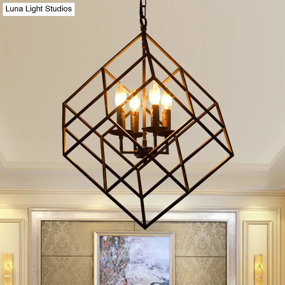 Lámpara colgante rústica de hierro con 4 luces - Lámpara colgante vintage tipo loft para restaurantes, diseño de jaula cúbica en negro