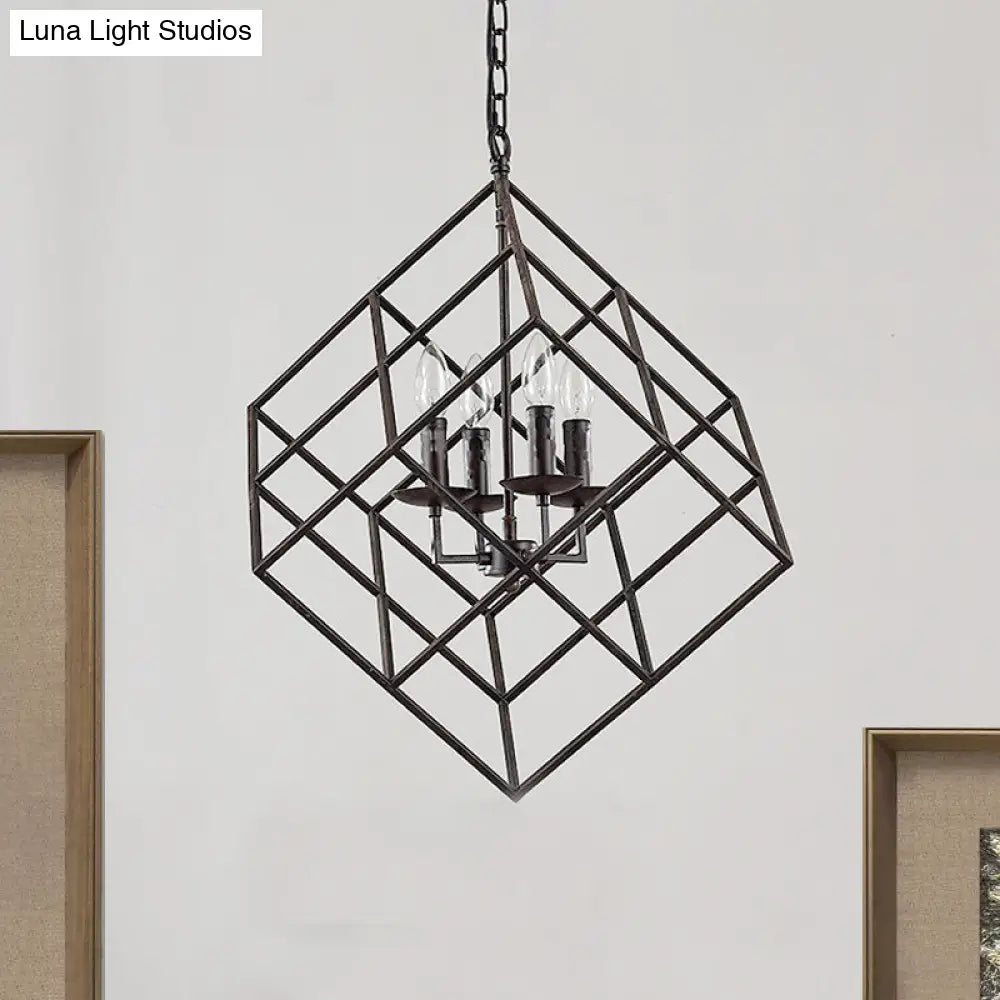 Lámpara colgante rústica de hierro con 4 luces - Lámpara colgante vintage tipo loft para restaurantes, diseño de jaula cúbica en negro