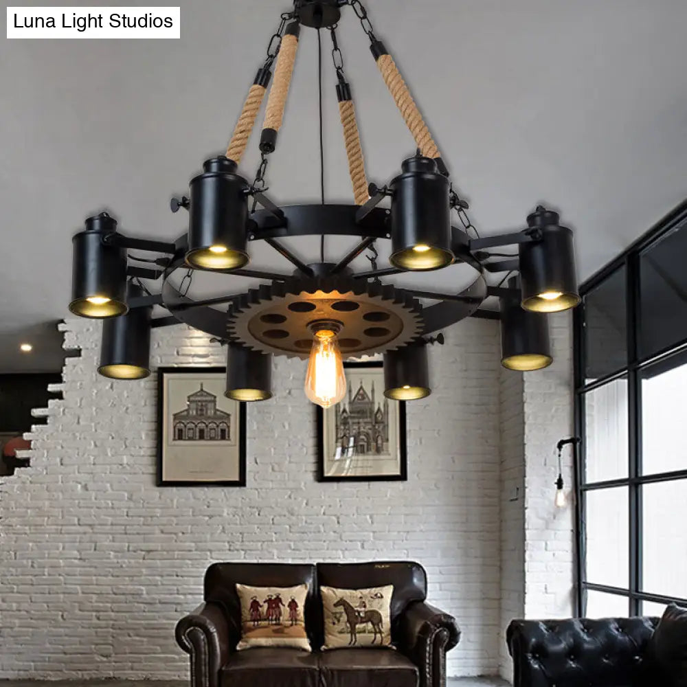 Rustic Iron Cylinder Chandelier with 9 Black Rope Heads and Gear Deco for Living Room Ceiling Lighting