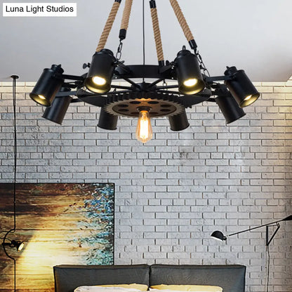 Rustic Iron Cylinder Chandelier with 9 Black Rope Heads and Gear Deco for Living Room Ceiling Lighting