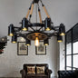 Rustic Iron Cylinder Chandelier with 9 Black Rope Heads and Gear Deco for Living Room Ceiling Lighting