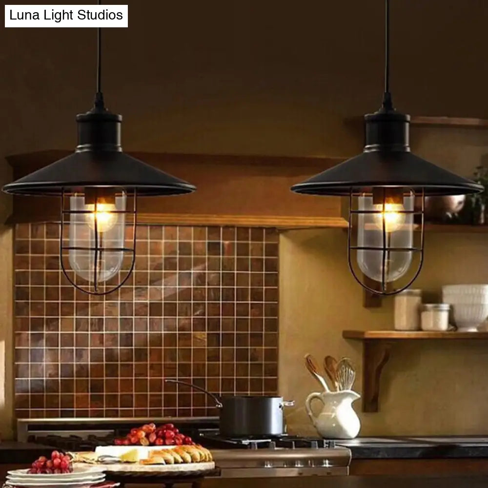 Rustic Iron Saucer Dining Room Pendulum Light - Black Pendant Lamp with 2 Extra Shade Guards - 10.5"/14" Wide - 1 Bulb