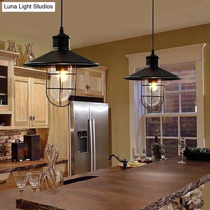 Rustic Iron Saucer Dining Room Pendulum Light - Black Pendant Lamp with 2 Extra Shade Guards - 10.5"/14" Wide - 1 Bulb