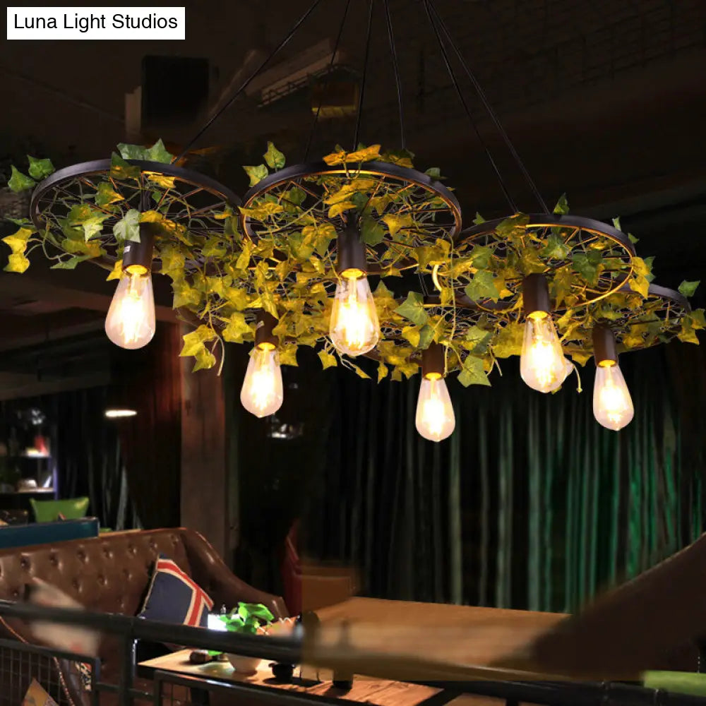 Rustic Iron Wheel Chandelier - Black with 1/3/6 Bulbs - Perfect for Restaurant Plant Pendant Lighting