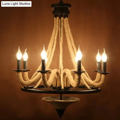 Rustic Jute Rope Wrapped 8-Light Candelabra Chandelier - Cottage Brown Hanging Light Fixture