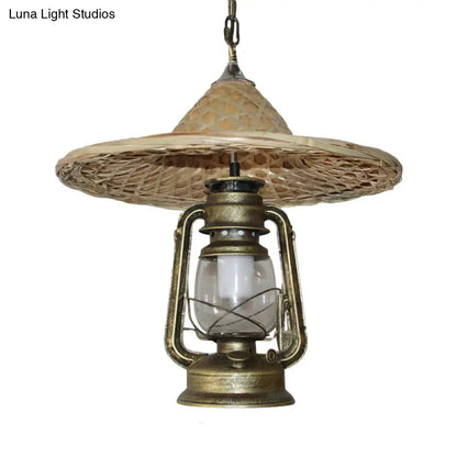 Rustic Kerosene Pendant Light with Clear Glass and Coolie Hat Deco - Black/Bronze/Copper Finish