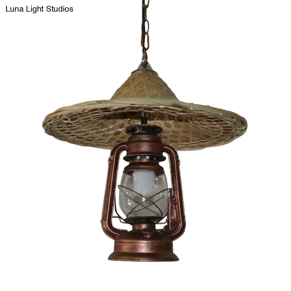 Rustic Kerosene Pendant Light with Clear Glass and Coolie Hat Deco - Black/Bronze/Copper Finish